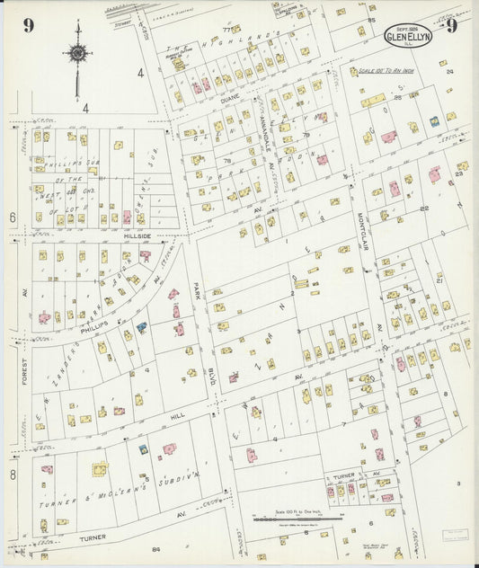 Sanborn Fire Insurance Map from Glen Ellyn, Du Page County, Illinois (1924), Sheet #0009 - Historic Sanborn Fire Insurance Map Print, vintage old map wall art, antique decor, genealogy gift, Illinois Illinois map