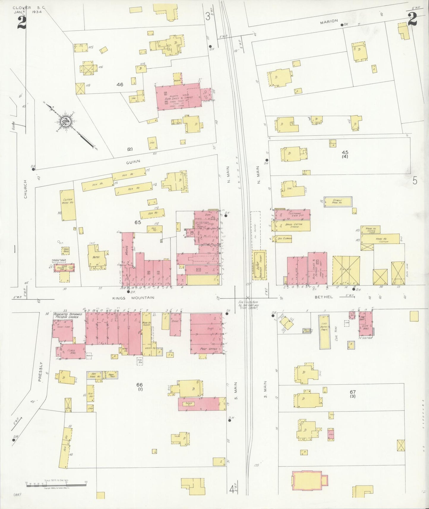 Sanborn Fire Insurance Map from Clover, York County, South Carolina (1934), Sheet #0002 - Complete Map Set gallery image, historic Sanborn map, vintage wall art, South Carolina South Carolina