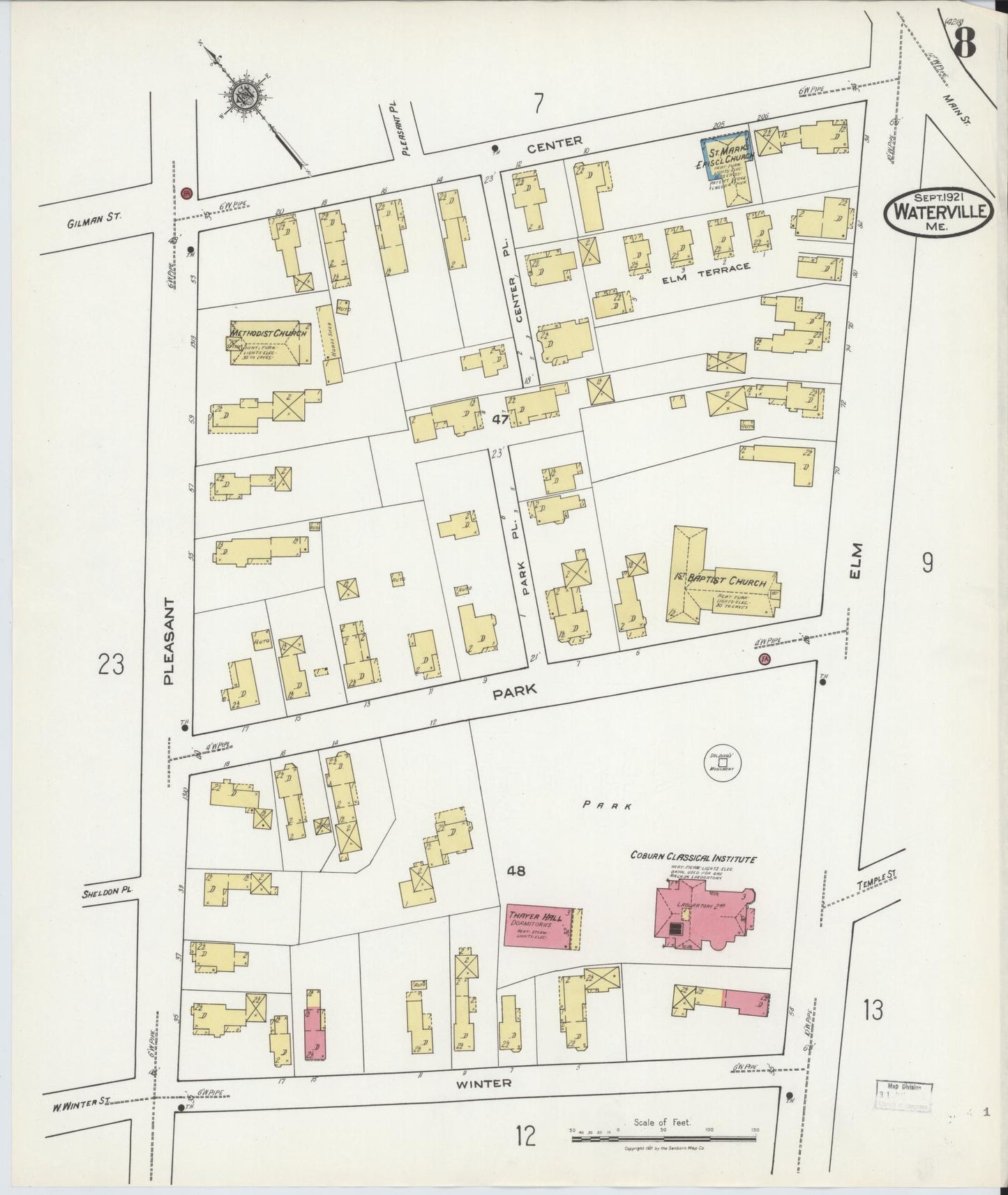 Sanborn Fire Insurance Map from Waterville, Kennebec County, Maine (1921), Sheet #0008 - Complete Map Set gallery image, historic Sanborn map, vintage wall art, Maine Maine