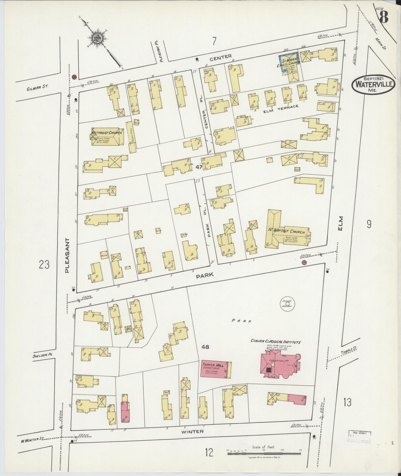 Sanborn Fire Insurance Map from Waterville, Kennebec County, Maine (1921), Sheet #0008 - Complete Map Set gallery image, historic Sanborn map, vintage wall art, Maine Maine