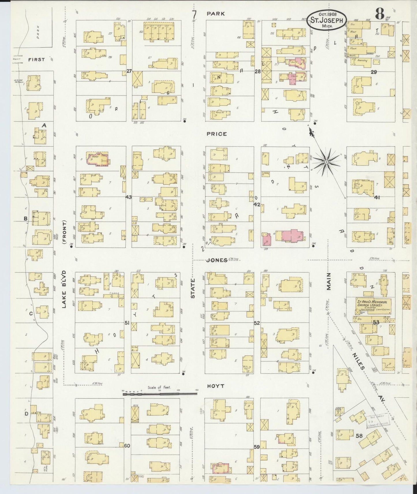 Sanborn Fire Insurance Map from Saint Joseph, Berrien County, Michigan (1908), Sheet #0008 - Historic Sanborn Fire Insurance Map Print, vintage old map wall art, antique decor, genealogy gift, Michigan Michigan map