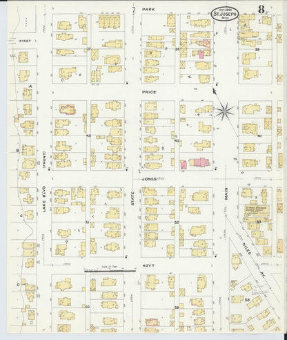 Sanborn Fire Insurance Map from Saint Joseph, Berrien County, Michigan (1908), Sheet #0008 - Historic Sanborn Fire Insurance Map Print, vintage old map wall art, antique decor, genealogy gift, Michigan Michigan map