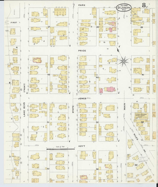 Sanborn Fire Insurance Map from Saint Joseph, Berrien County, Michigan (1908), Sheet #0008 - Historic Sanborn Fire Insurance Map Print, vintage old map wall art, antique decor, genealogy gift, Michigan Michigan map