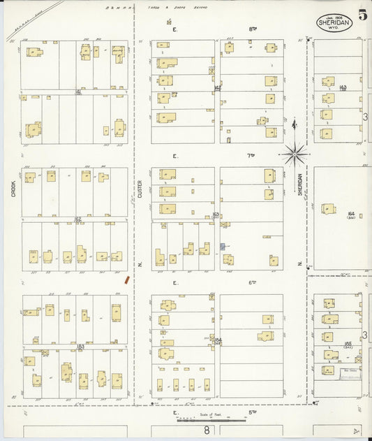 Sanborn Fire Insurance Map from Sheridan, Sheridan County, Wyoming (1908), Sheet #0005 - Historic Sanborn Fire Insurance Map Print, vintage old map wall art, antique decor, genealogy gift, Wyoming Wyoming map