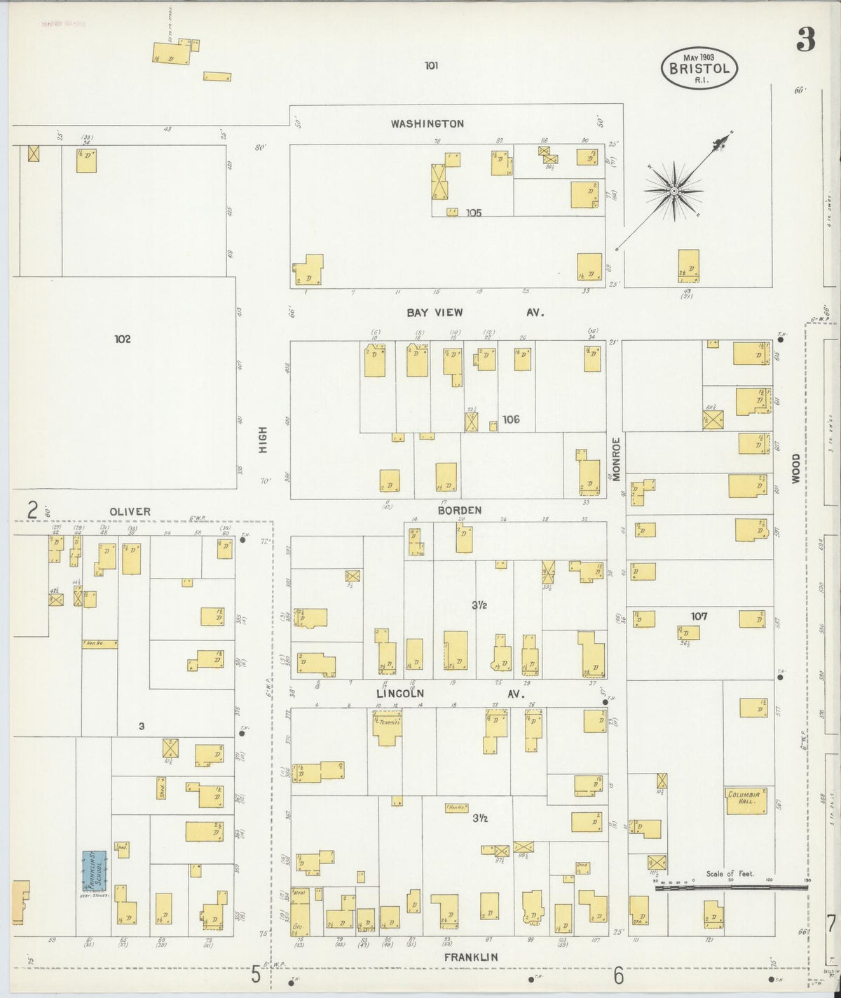 Sanborn Fire Insurance Map from Bristol, Bristol County, Rhode Island (1903), Sheet #0003 - Historic Sanborn Fire Insurance Map Print, vintage old map wall art, antique decor, genealogy gift, Rhode Island Rhode Island map