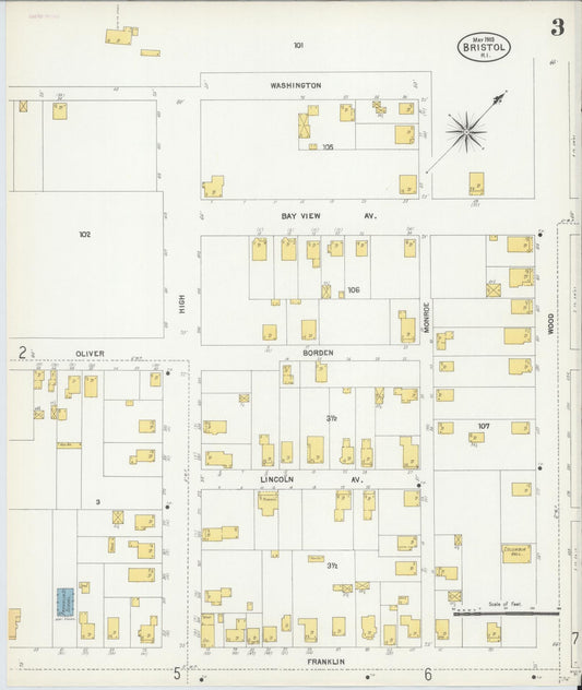 Sanborn Fire Insurance Map from Bristol, Bristol County, Rhode Island (1903), Sheet #0003 - Historic Sanborn Fire Insurance Map Print, vintage old map wall art, antique decor, genealogy gift, Rhode Island Rhode Island map