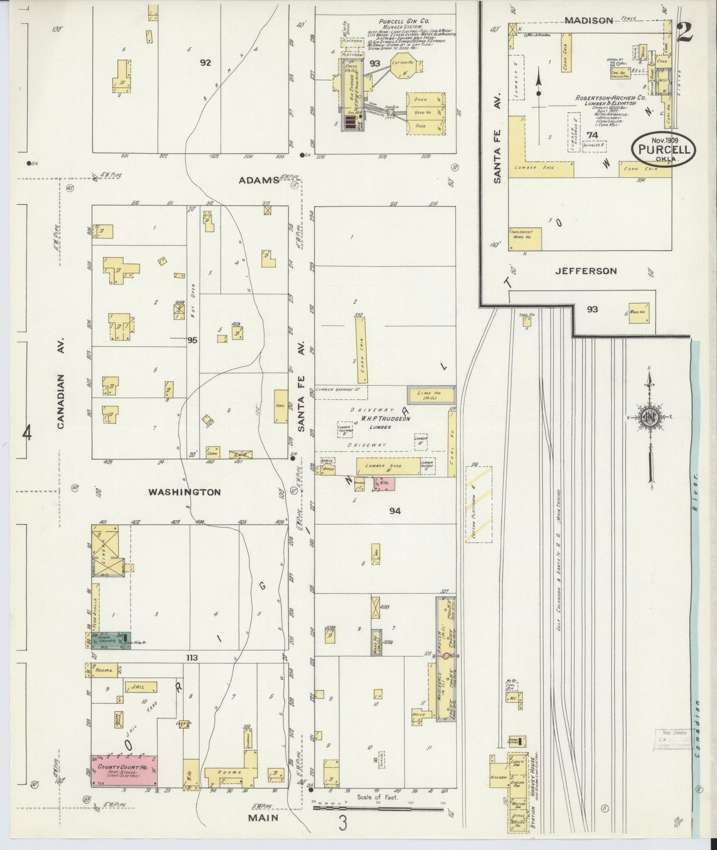 Sanborn Fire Insurance Map from Purcell, McClain County, Oklahoma (1909), Sheet #0002 - Historic Sanborn Fire Insurance Map Print, vintage old map wall art, antique decor, genealogy gift, Oklahoma Oklahoma map