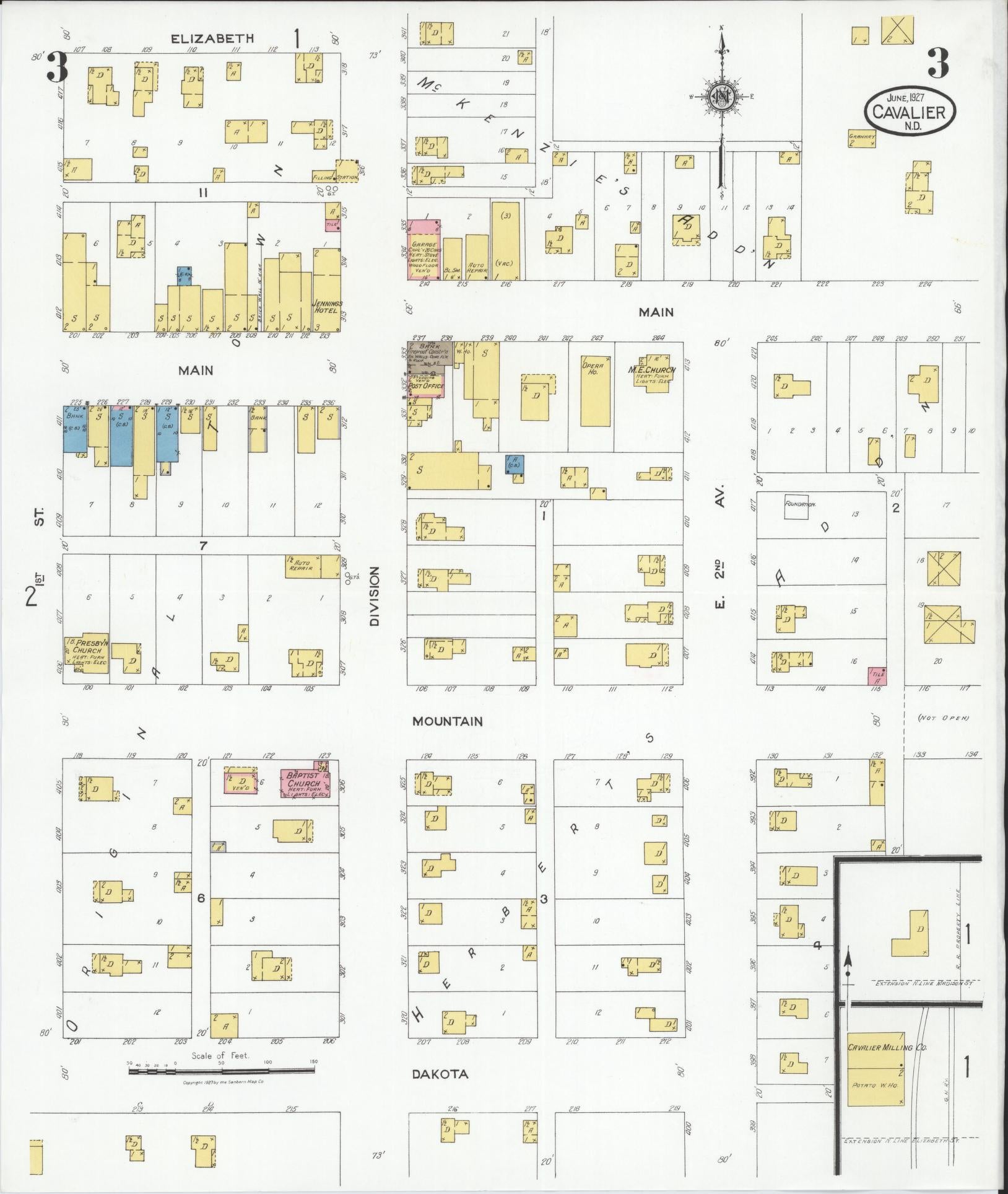 Sanborn Fire Insurance Map from Cavalier, Pembina County, North Dakota (1927), Sheet #0003 - Historic Sanborn Fire Insurance Map Print, vintage old map wall art, antique decor, genealogy gift, North Dakota North Dakota map
