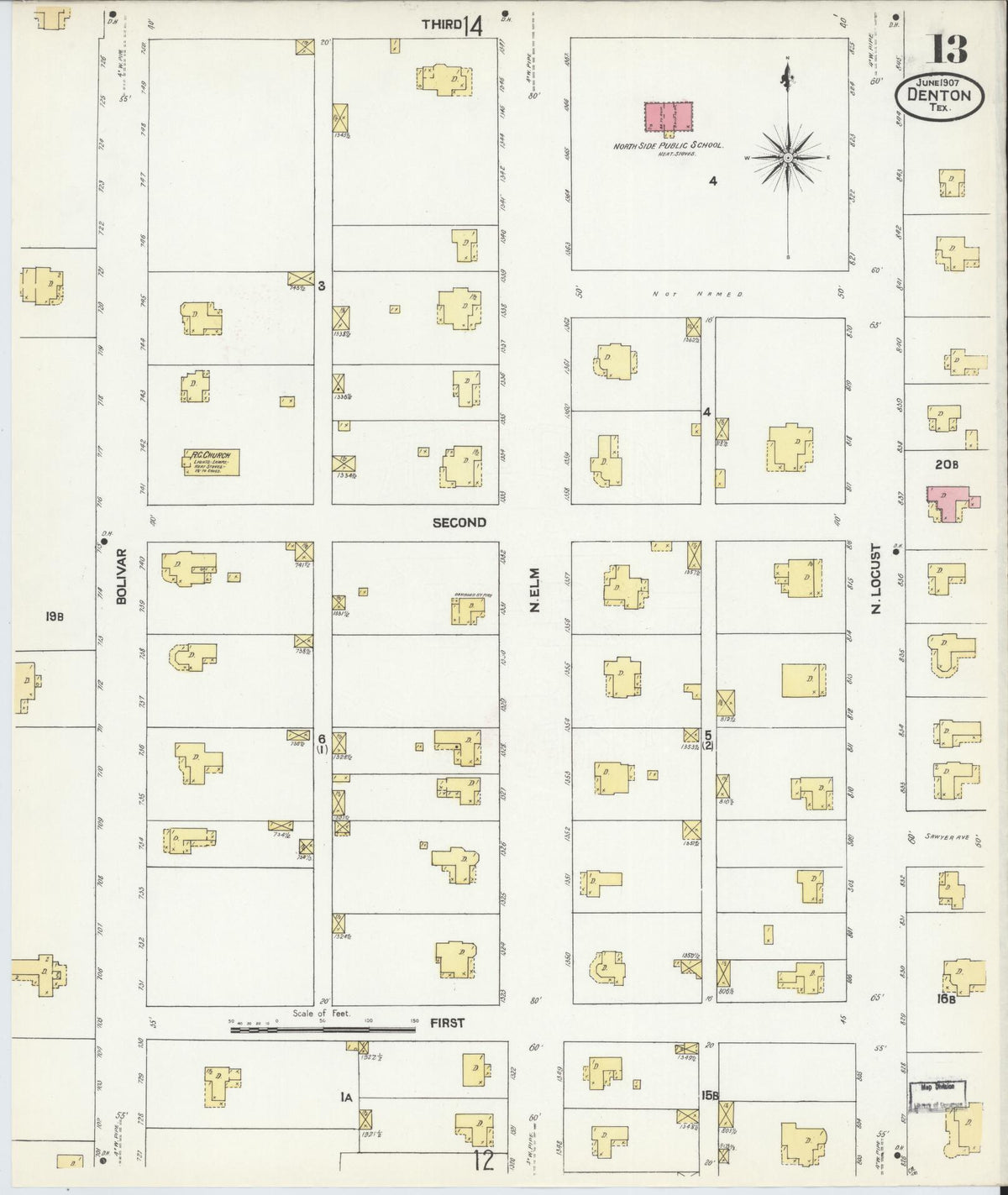 Sanborn Fire Insurance Map from Denton, Denton County, Texas (1907), Sheet #0013 - Complete Map Set gallery image, historic Sanborn map, vintage wall art, Texas Texas