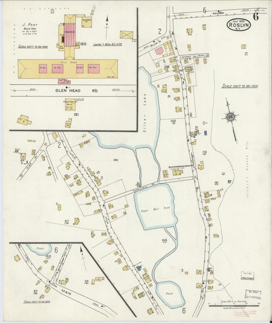 Sanborn Fire Insurance Map from Roslyn, Nassau County, New York (1920), Sheet #0006 - Historic Sanborn Fire Insurance Map Print, vintage old map wall art, antique decor, genealogy gift, New York New York map