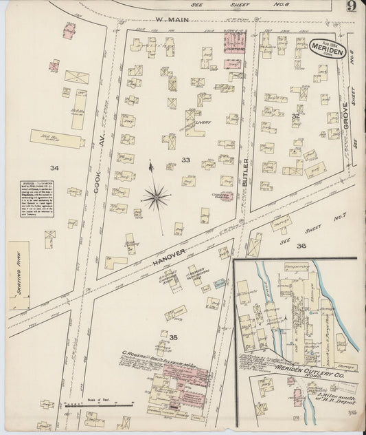 Sanborn Fire Insurance Map from Meriden, New Haven County, Connecticut (1884), Sheet #0009 - Historic Sanborn Fire Insurance Map Print, vintage old map wall art, antique decor, genealogy gift, Connecticut Connecticut map