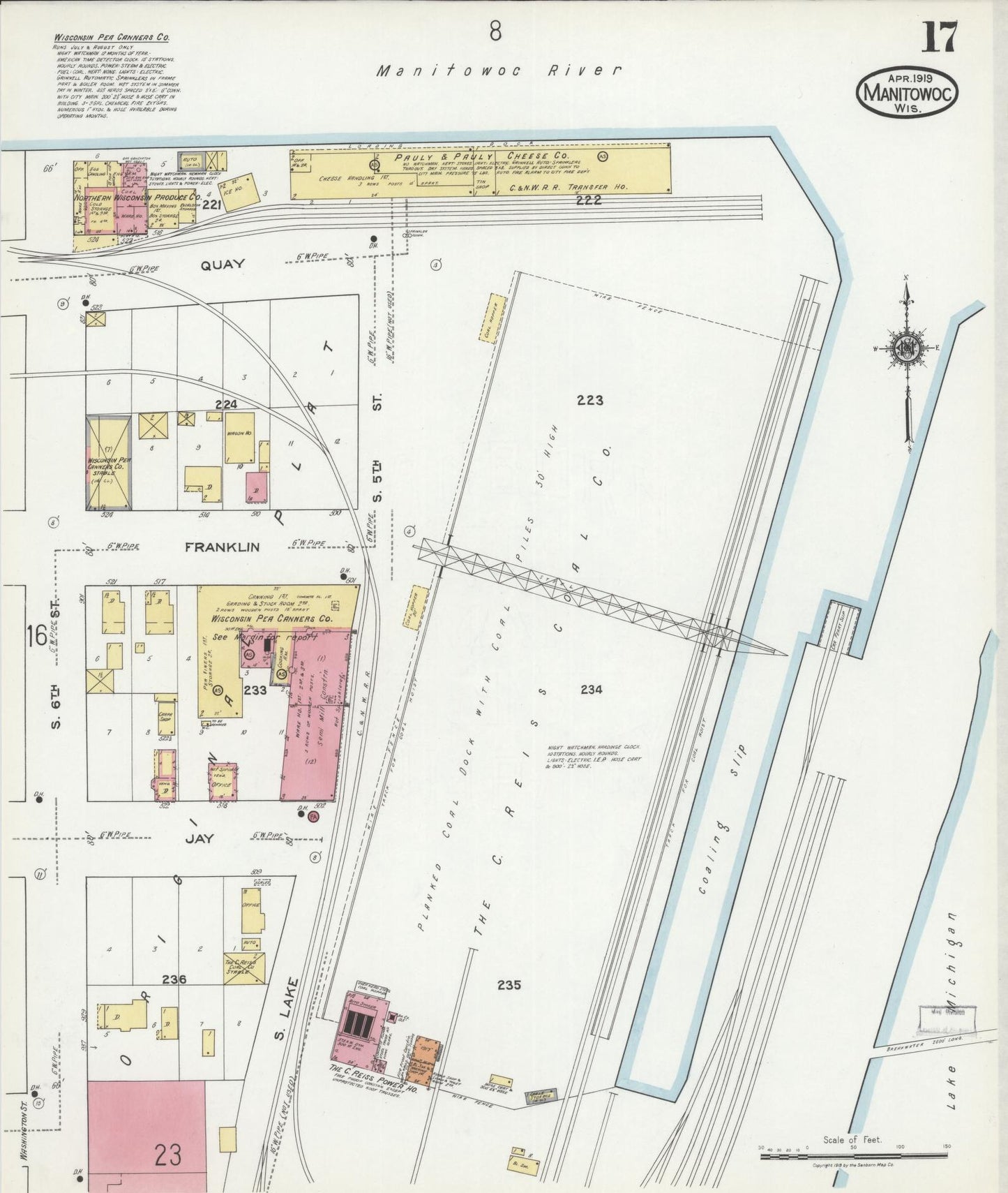 Sanborn Fire Insurance Map from Manitowoc, Manitowoc County, Wisconsin (1919), Sheet #0017 - Historic Sanborn Fire Insurance Map Print, vintage old map wall art, antique decor, genealogy gift, Wisconsin Wisconsin map