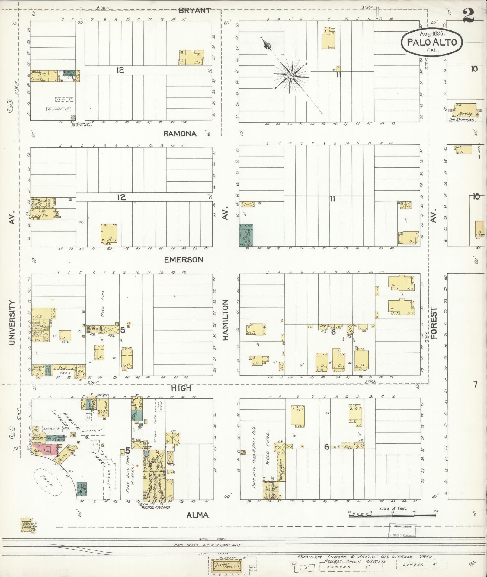 Sanborn Fire Insurance Map from Palo Alto, Santa Clara County, California (1895), Sheet #0002 - Complete Map Set gallery image, historic Sanborn map, vintage wall art, California California