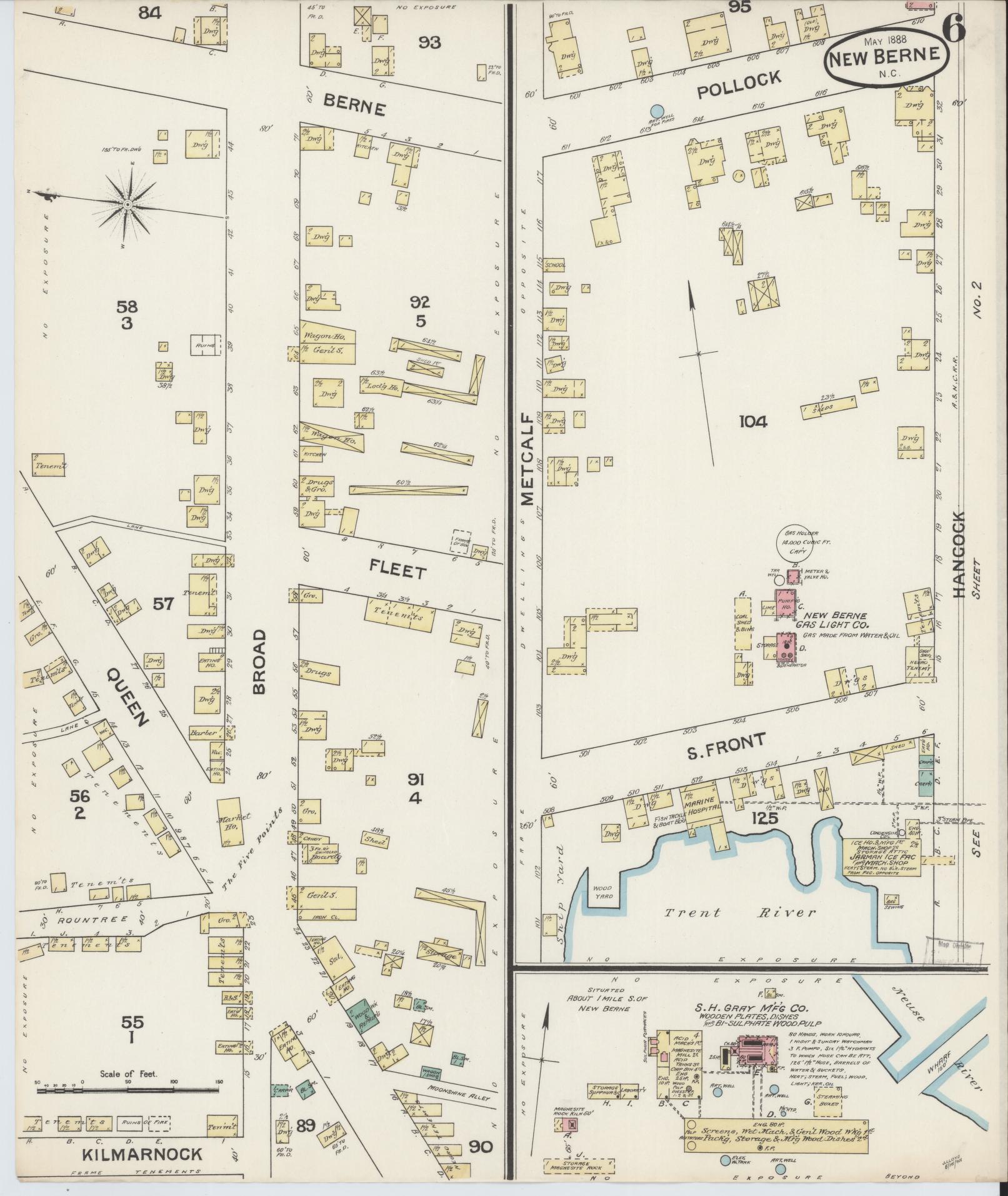 Sanborn Fire Insurance Map from New Bern, Craven County, North Carolina (1888), Sheet #0006 - Historic Sanborn Fire Insurance Map Print, vintage old map wall art, antique decor, genealogy gift, North Carolina North Carolina map