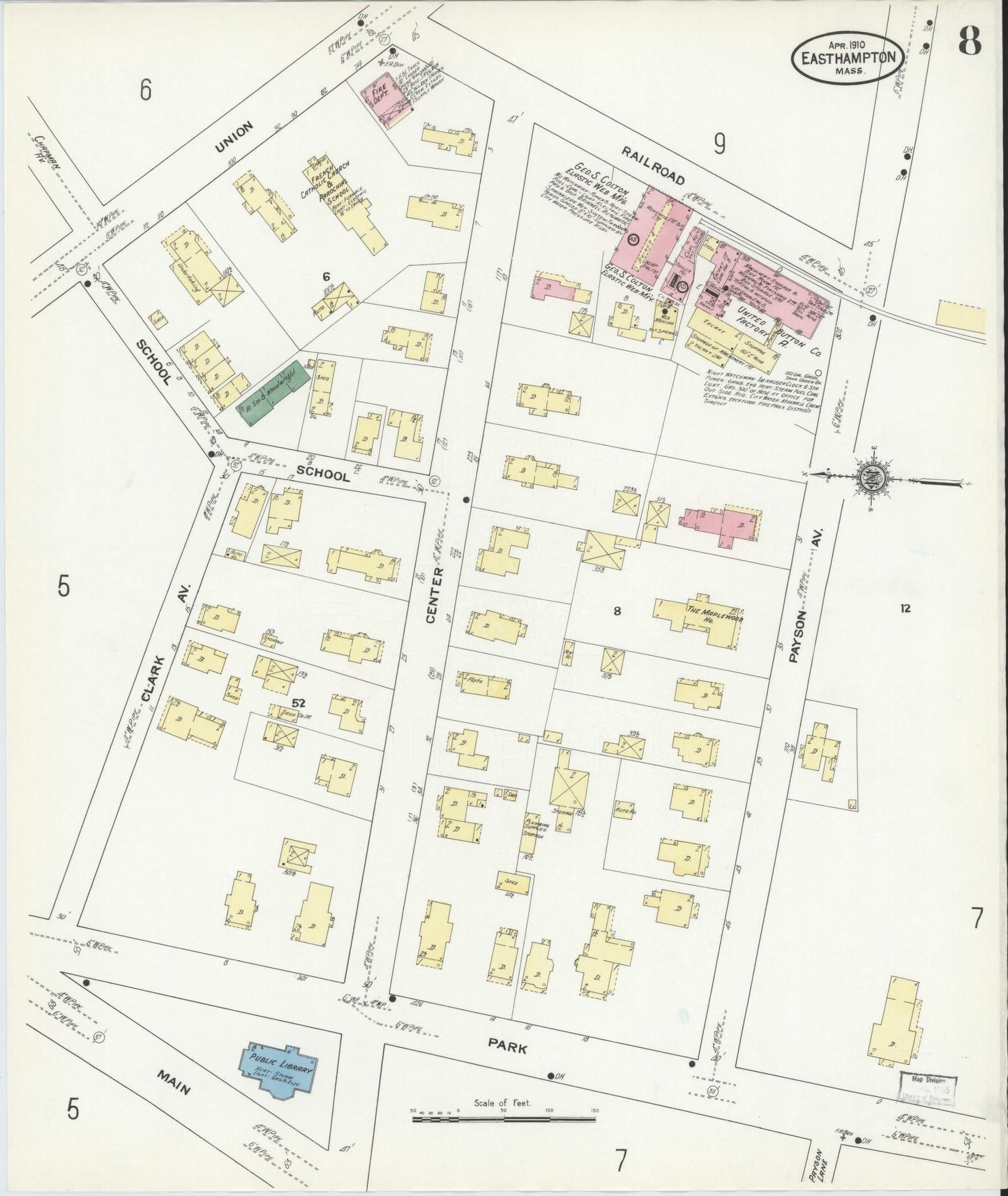 Sanborn Fire Insurance Map from East Hampton, Hampshire County, Massachusetts (1910), Sheet #0008 - Historic Sanborn Fire Insurance Map Print, vintage old map wall art, antique decor, genealogy gift, Massachusetts Massachusetts map