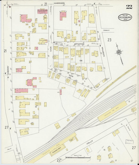 Sanborn Fire Insurance Map from Vicksburg, Warren County, Mississippi (1913), Sheet #0022 - Historic Sanborn Fire Insurance Map Print, vintage old map wall art, antique decor, genealogy gift, Mississippi Mississippi map