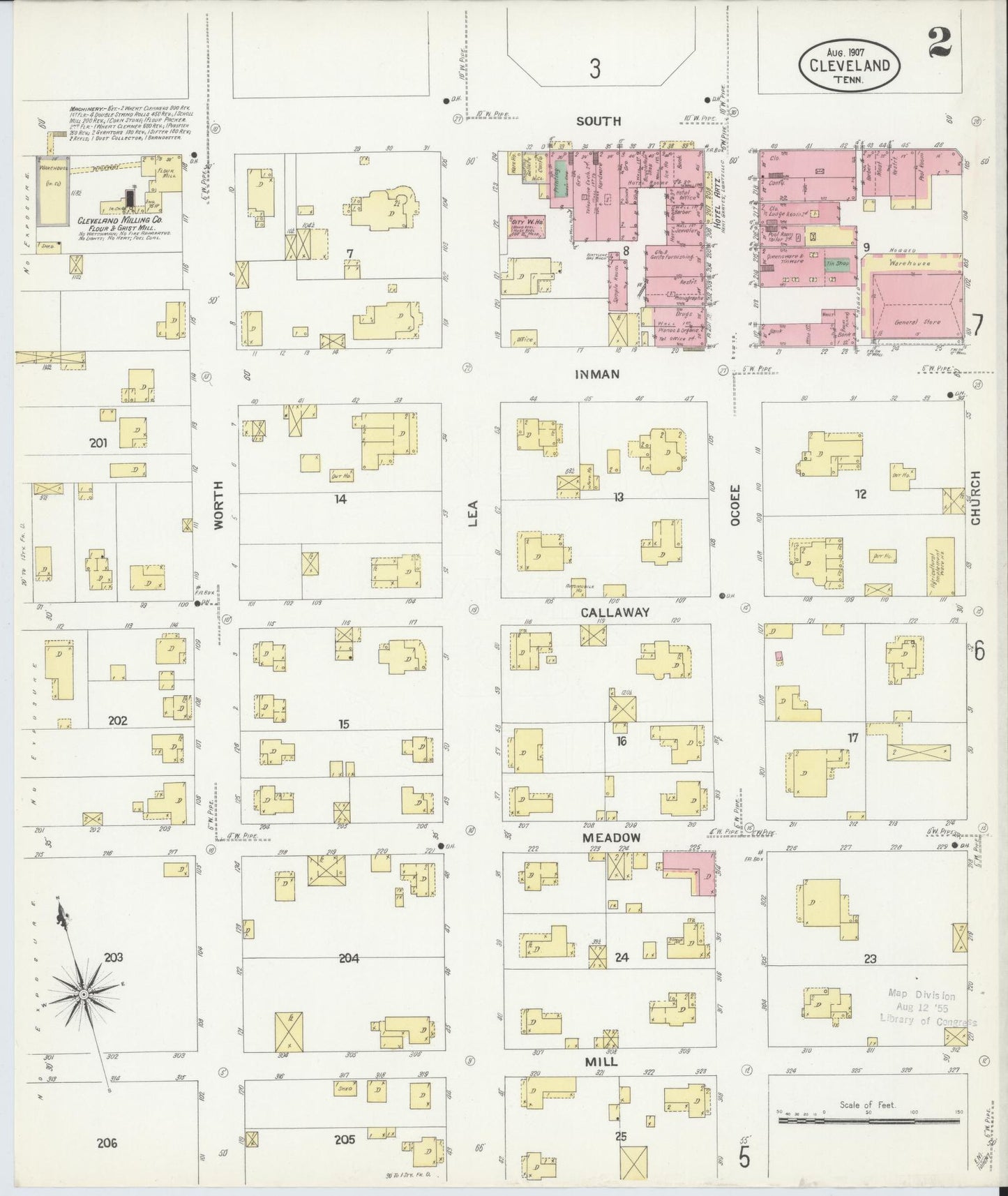 Sanborn Fire Insurance Map from Cleveland, Bradley County, Tennessee (1907), Sheet #0002 - Complete Map Set gallery image, historic Sanborn map, vintage wall art, Tennessee Tennessee