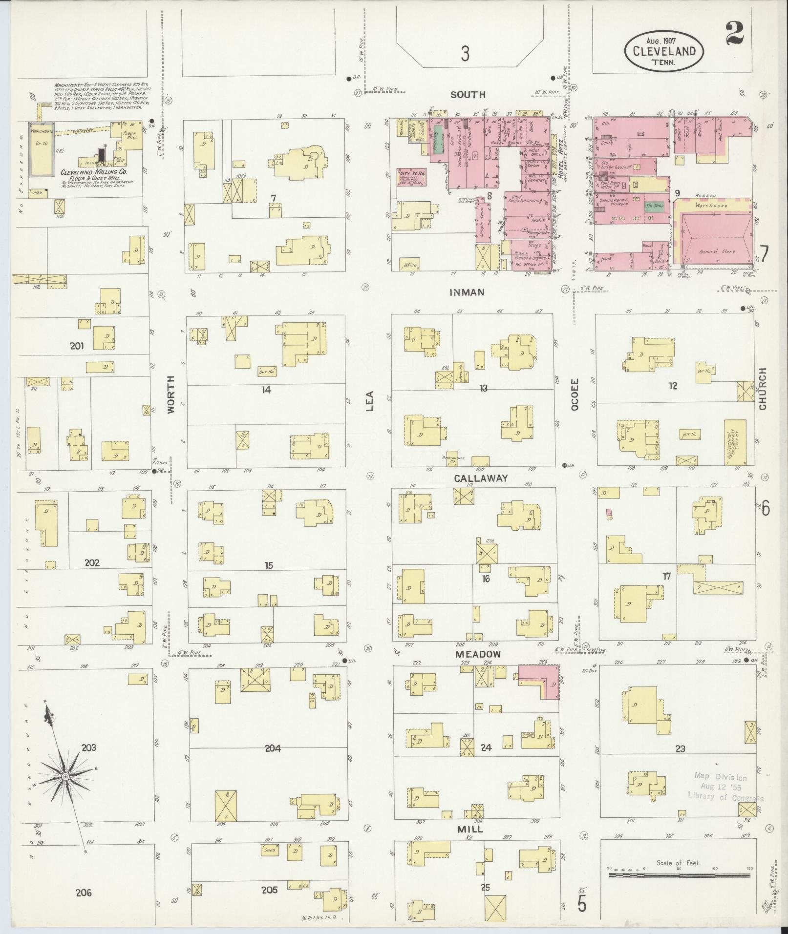 Sanborn Fire Insurance Map from Cleveland, Bradley County, Tennessee (1907), Sheet #0002 - Complete Map Set gallery image, historic Sanborn map, vintage wall art, Tennessee Tennessee