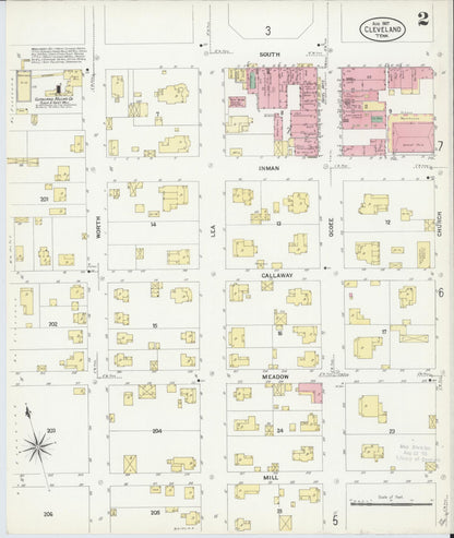 Sanborn Fire Insurance Map from Cleveland, Bradley County, Tennessee (1907), Sheet #0002 - Complete Map Set gallery image, historic Sanborn map, vintage wall art, Tennessee Tennessee