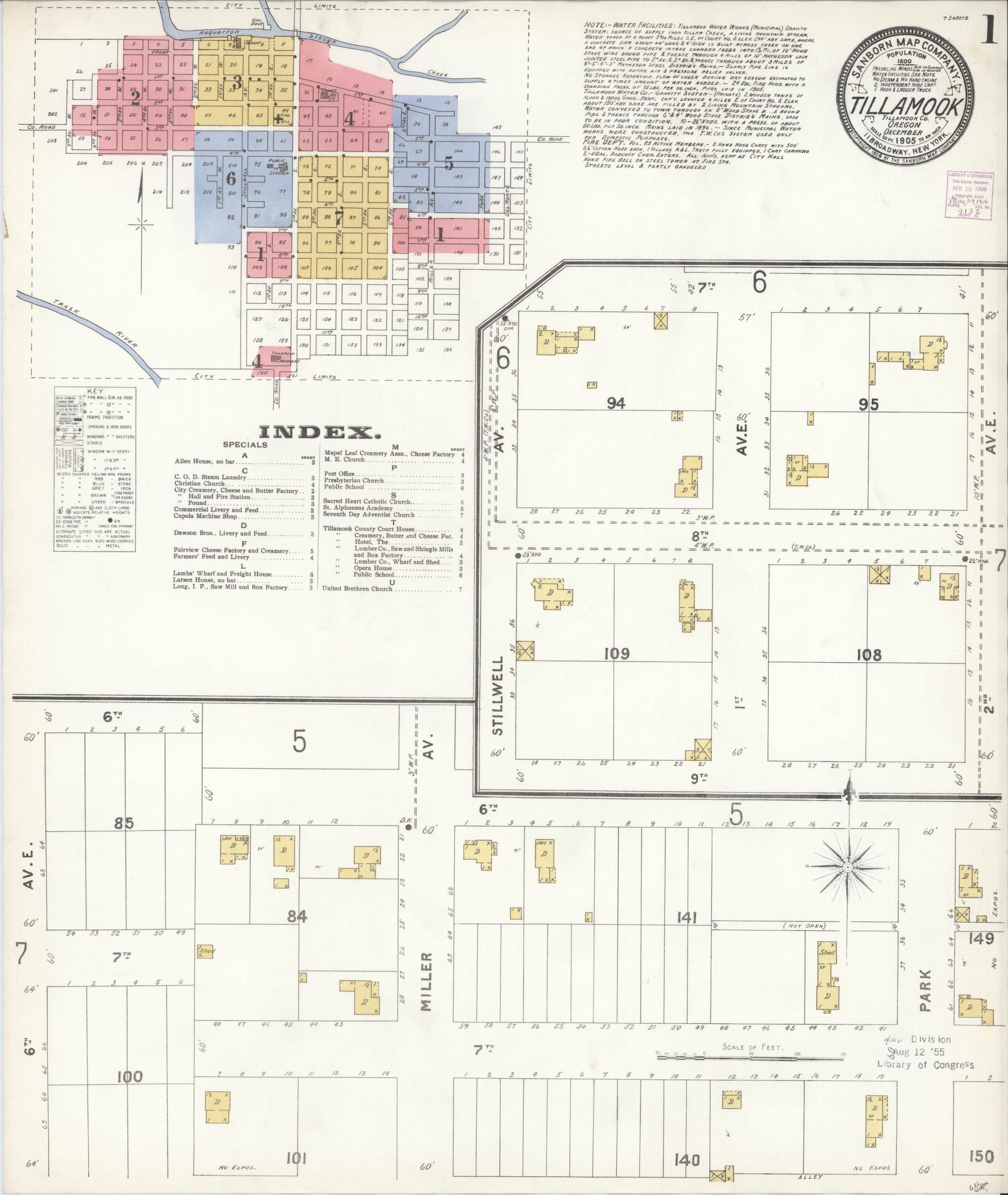 Sanborn Fire Insurance Map from Tillamook, Tillamook County, Oregon (1905), Sheet #0001 - Complete Map Set gallery image, historic Sanborn map, vintage wall art, Oregon Oregon
