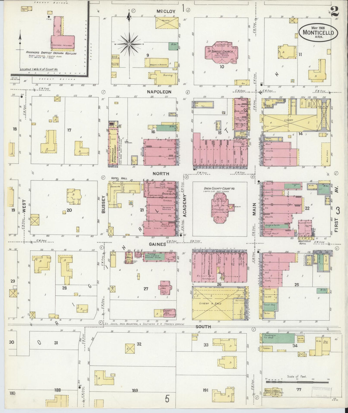 Sanborn Fire Insurance Map from Monticello, Drew County, Arkansas (1908), Sheet #0002 - Complete Map Set gallery image, historic Sanborn map, vintage wall art, Arkansas Arkansas
