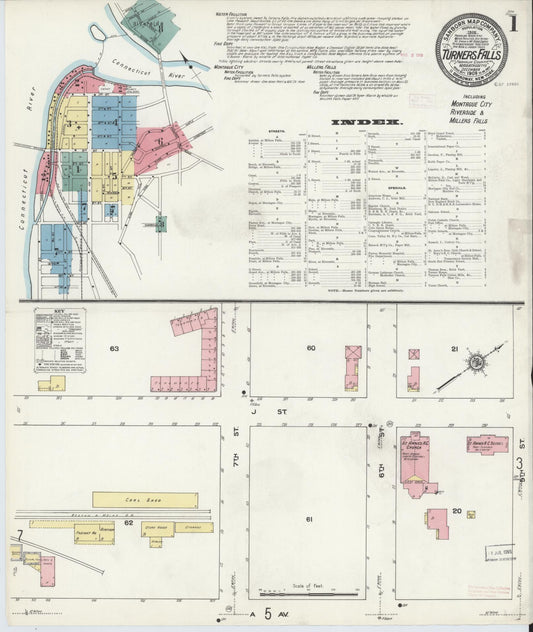 Sanborn Fire Insurance Map from Turners Falls, Franklin County, Massachusetts (1909), Sheet #0001 - Historic Sanborn Fire Insurance Map Print, vintage old map wall art, antique decor, genealogy gift, Massachusetts Massachusetts map