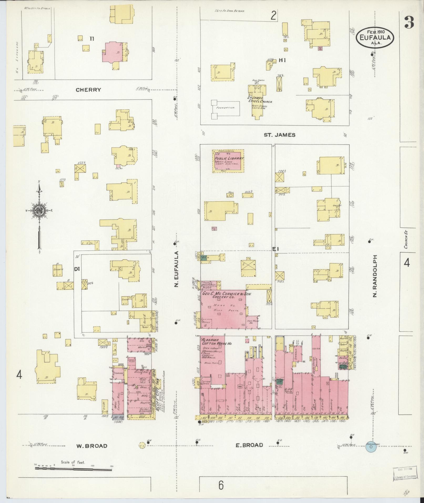 Sanborn Fire Insurance Map from Eufaula, Barbour County, Alabama (1910), Sheet #0003 - Historic Sanborn Fire Insurance Map Print, vintage old map wall art, antique decor, genealogy gift, Alabama Alabama map
