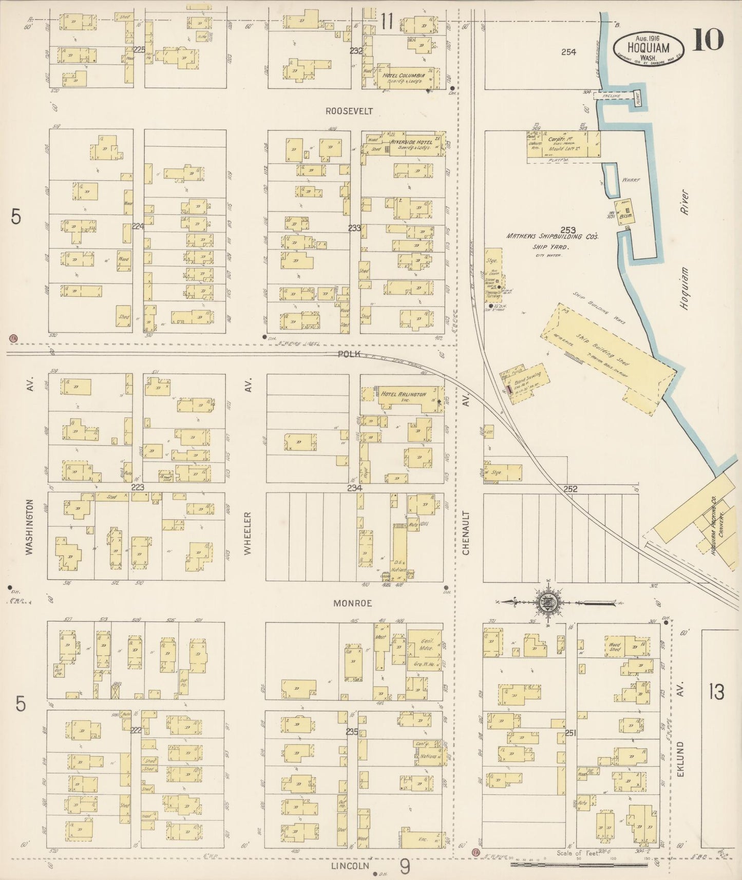 Sanborn Fire Insurance Map from Hoquiam, Grays Harbor County, Washington (1916), Sheet #0010 - Complete Map Set gallery image, historic Sanborn map, vintage wall art, Washington Washington