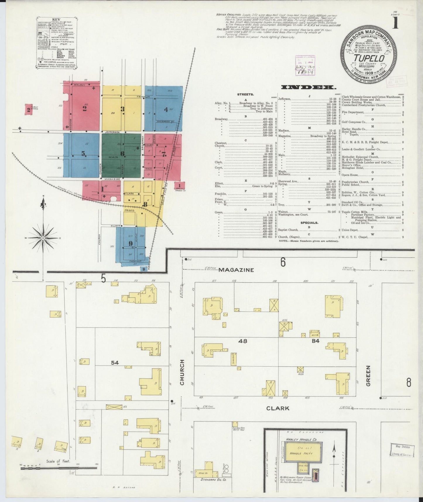 Sanborn Fire Insurance Map from Tupelo, Lee County, Mississippi (1909), Sheet #0001 - Complete Map Set gallery image, historic Sanborn map, vintage wall art, Mississippi Mississippi
