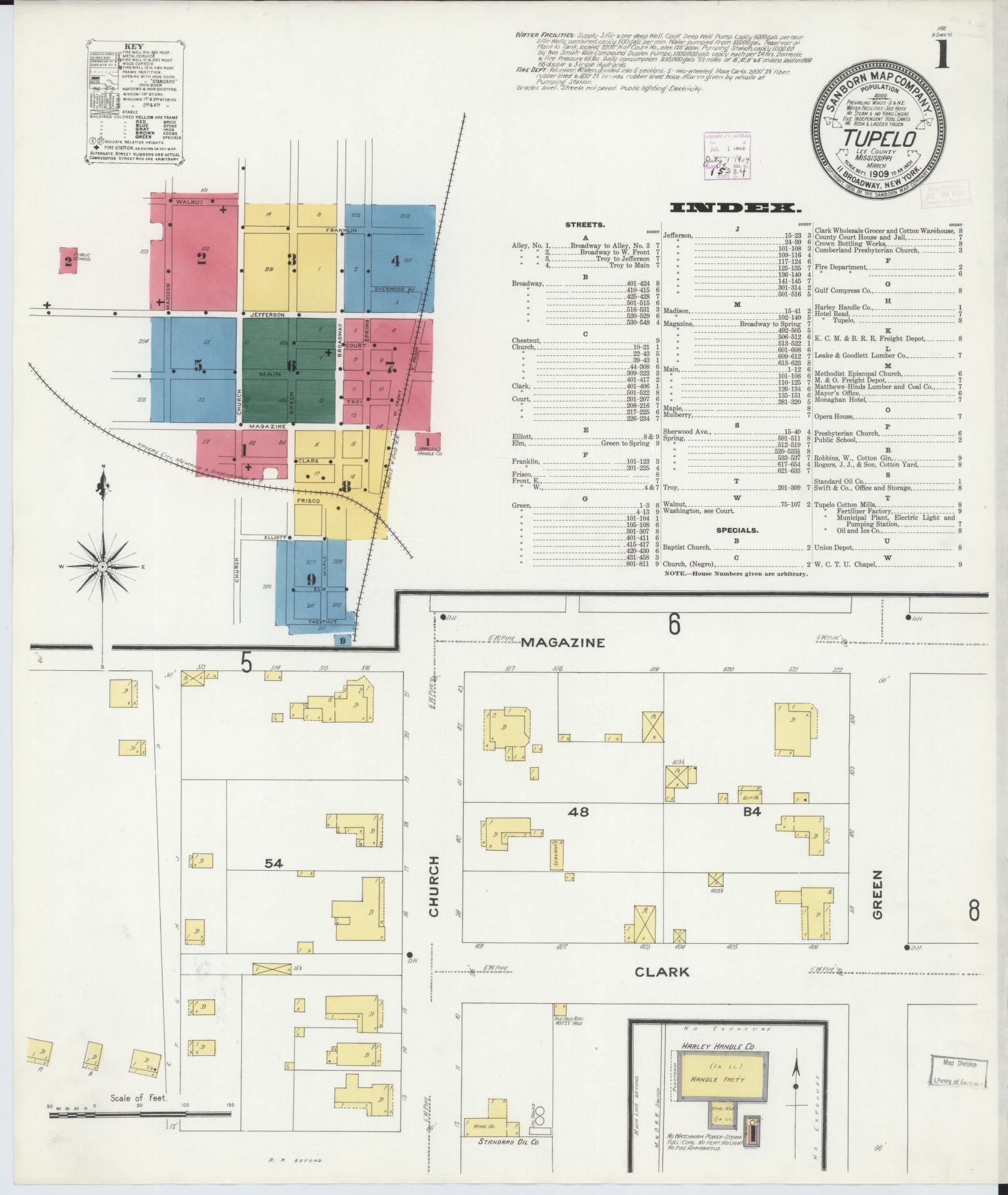 Sanborn Fire Insurance Map from Tupelo, Lee County, Mississippi (1909), Sheet #0001 - Complete Map Set gallery image, historic Sanborn map, vintage wall art, Mississippi Mississippi