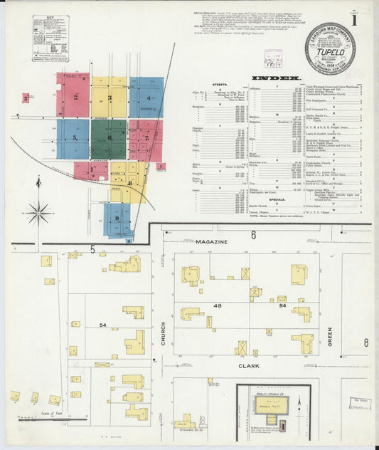 Sanborn Fire Insurance Map from Tupelo, Lee County, Mississippi (1909), Sheet #0001 - Complete Map Set gallery image, historic Sanborn map, vintage wall art, Mississippi Mississippi