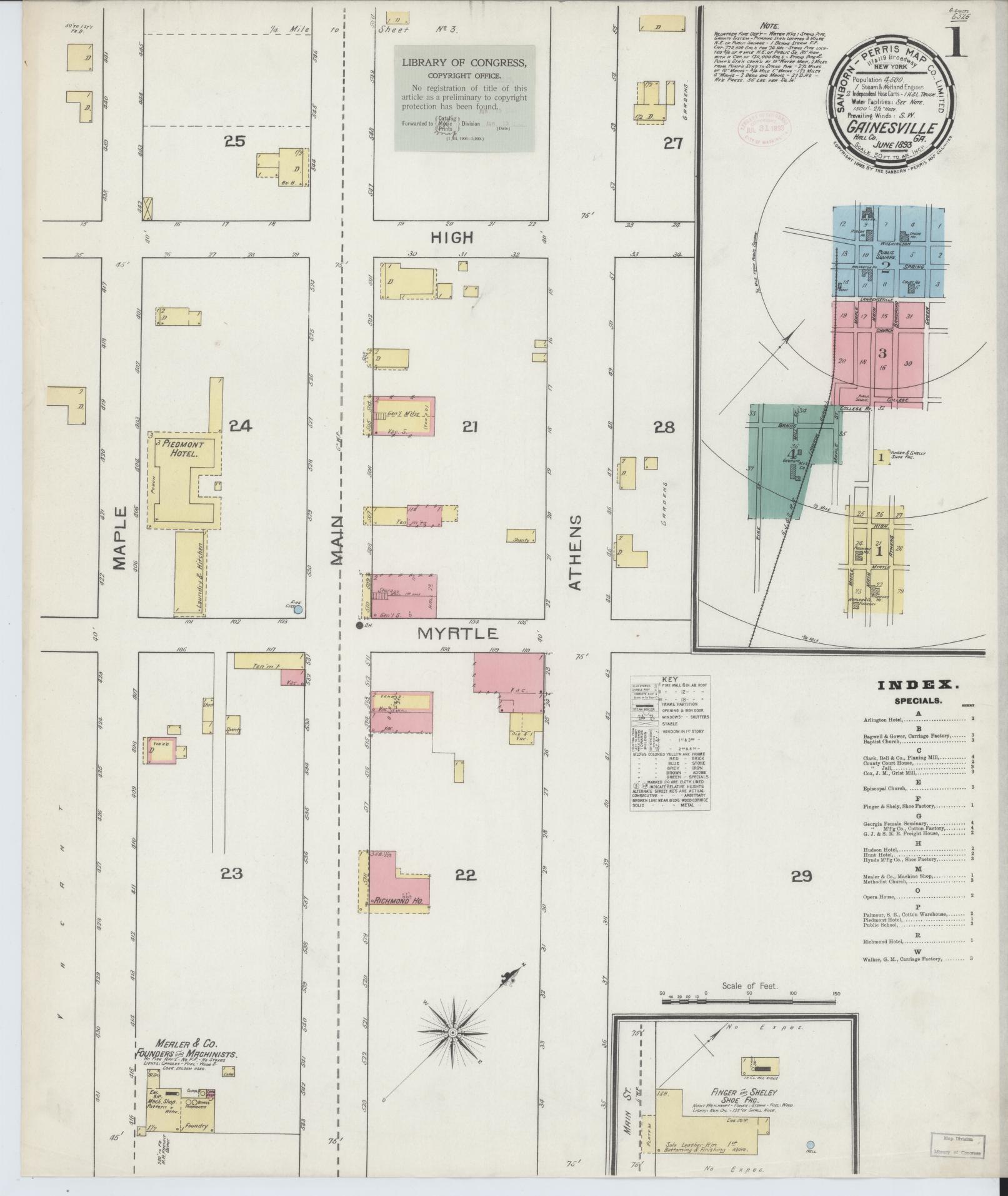 Sanborn Fire Insurance Map from Gainesville, Hall County, Georgia (1893), Sheet #0001 - Historic Sanborn Fire Insurance Map Print, vintage old map wall art, antique decor, genealogy gift, Georgia Georgia map