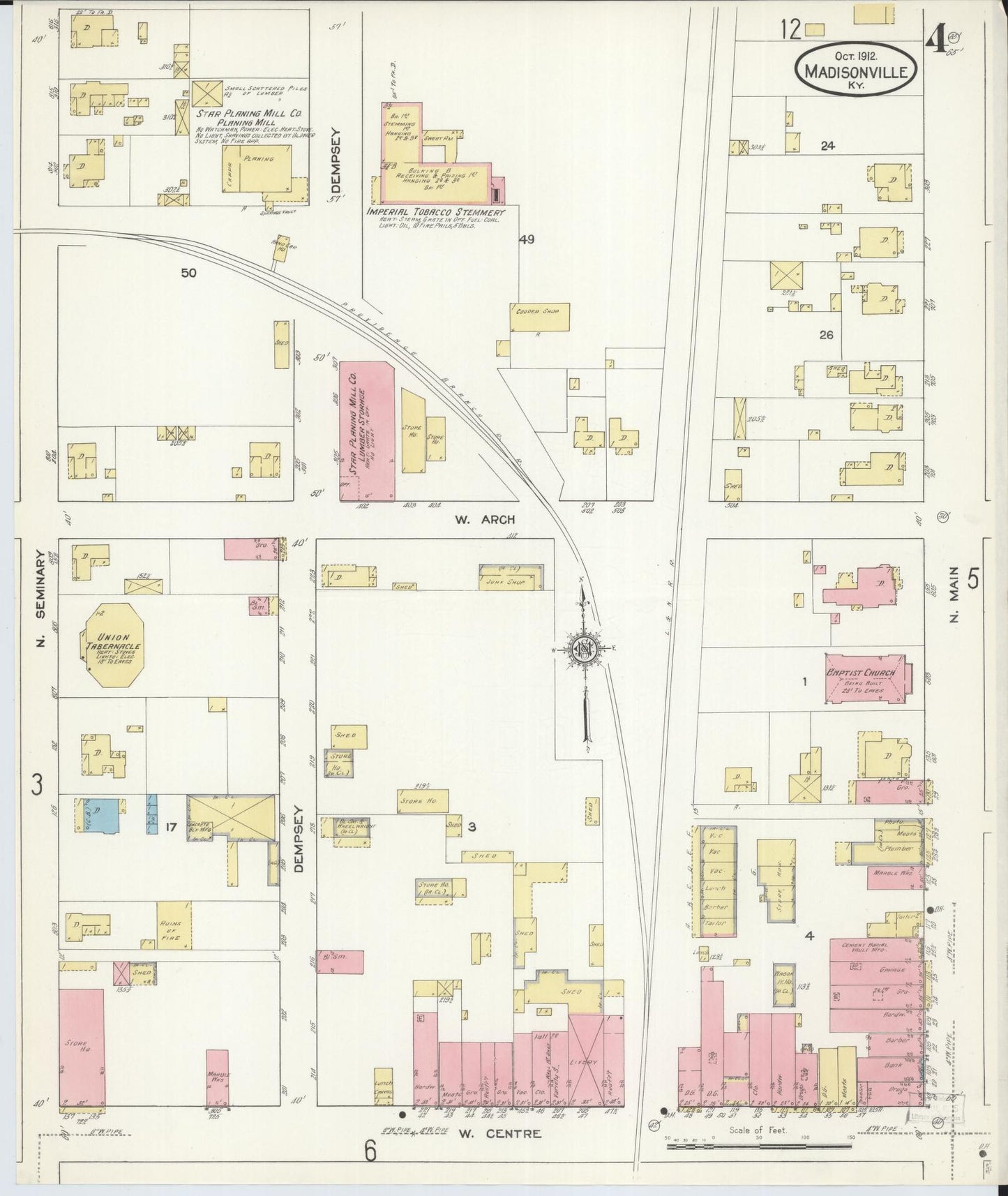 Sanborn Fire Insurance Map from Madisonville, Hopkins County, Kentucky (1912), Sheet #0004 - Historic Sanborn Fire Insurance Map Print, vintage old map wall art, antique decor, genealogy gift, Kentucky Kentucky map