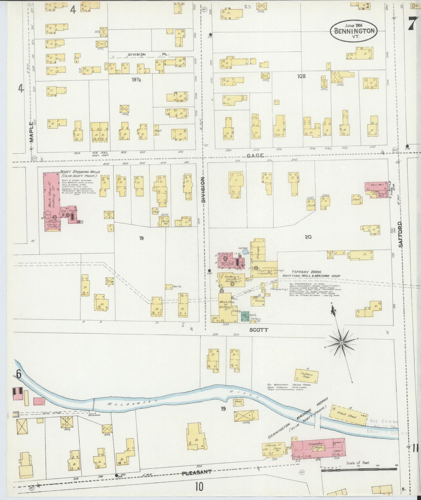 Sanborn Fire Insurance Map from Bennington, Bennington County, Vermont (1906), Sheet #0007 - Historic Sanborn Fire Insurance Map Print, vintage old map wall art, antique decor, genealogy gift, Vermont Vermont map