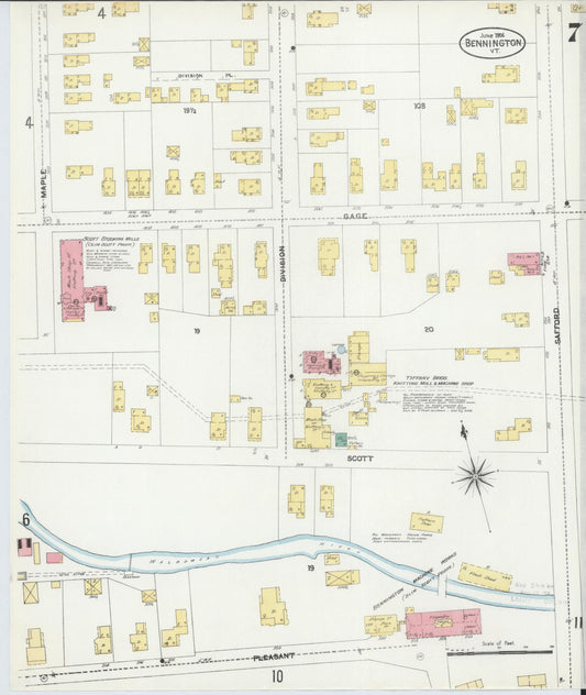 Sanborn Fire Insurance Map from Bennington, Bennington County, Vermont (1906), Sheet #0007 - Historic Sanborn Fire Insurance Map Print, vintage old map wall art, antique decor, genealogy gift, Vermont Vermont map