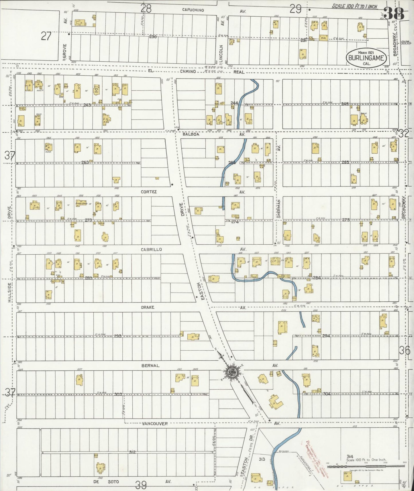 Sanborn Fire Insurance Map from Burlingame, San Mateo County, California (1921), Sheet #0038 - Historic Sanborn Fire Insurance Map Print, vintage old map wall art, antique decor, genealogy gift, California California map