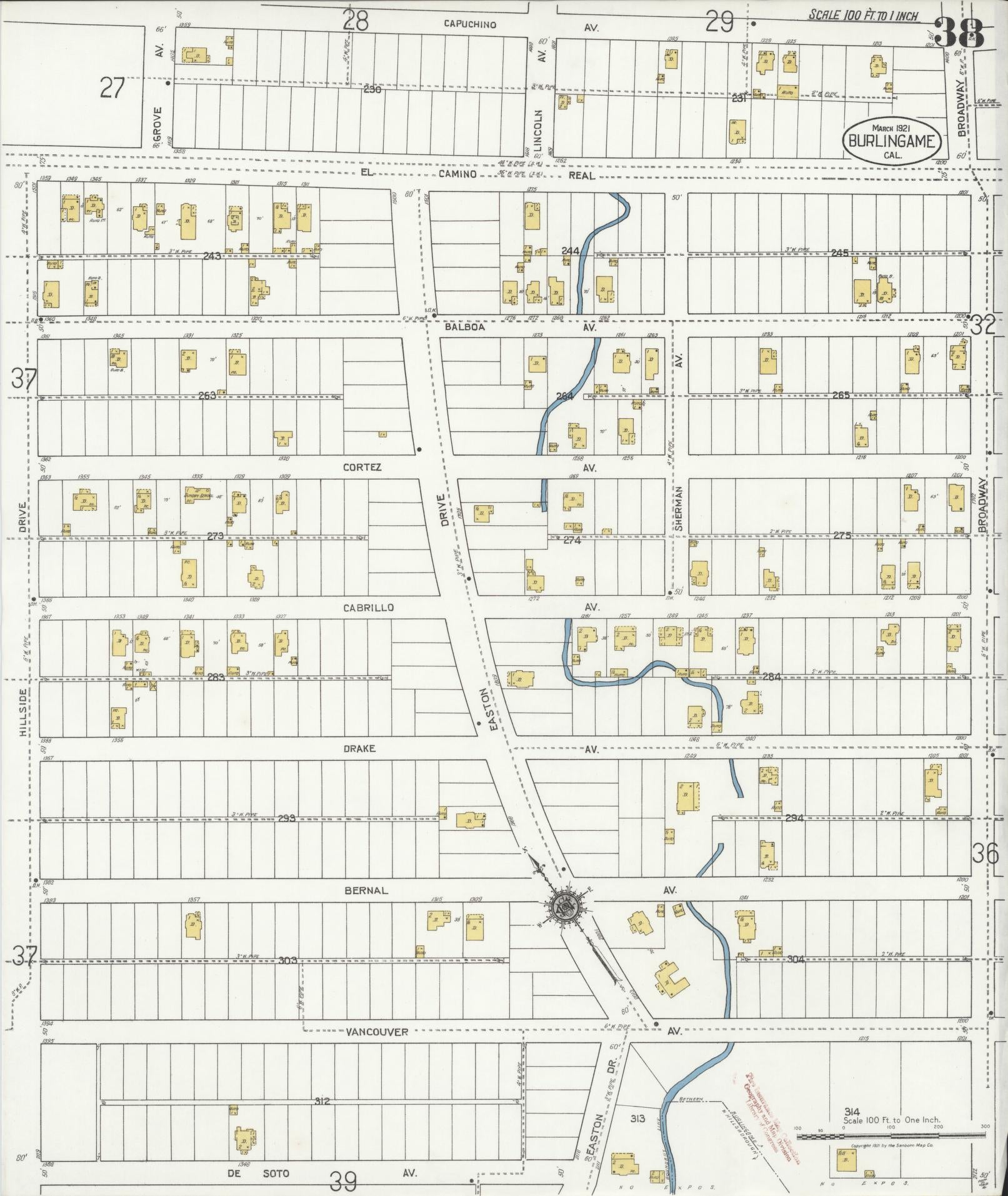 Sanborn Fire Insurance Map from Burlingame, San Mateo County, California (1921), Sheet #0038 - Historic Sanborn Fire Insurance Map Print, vintage old map wall art, antique decor, genealogy gift, California California map