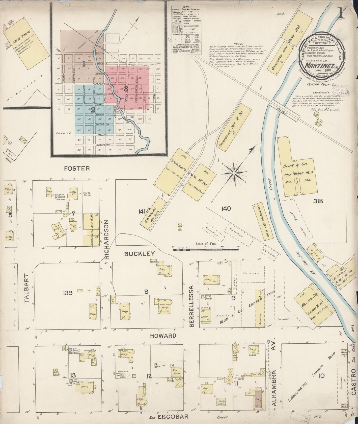 Sanborn Fire Insurance Map from Martinez, Contra Costa County, California (1888), Sheet #0001 - Historic Sanborn Fire Insurance Map Print, vintage old map wall art, antique decor, genealogy gift, California California map