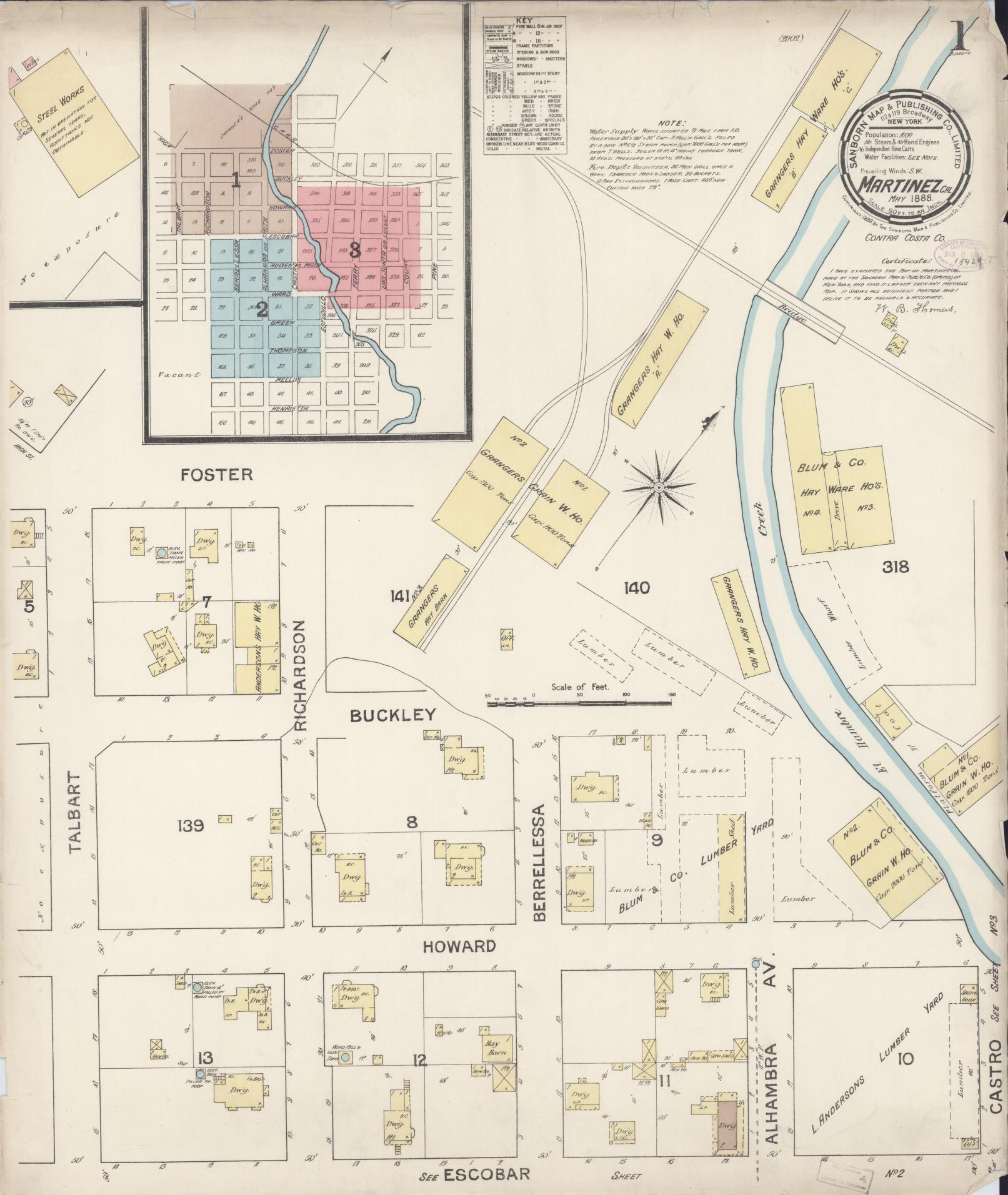 Sanborn Fire Insurance Map from Martinez, Contra Costa County, California (1888), Sheet #0001 - Historic Sanborn Fire Insurance Map Print, vintage old map wall art, antique decor, genealogy gift, California California map