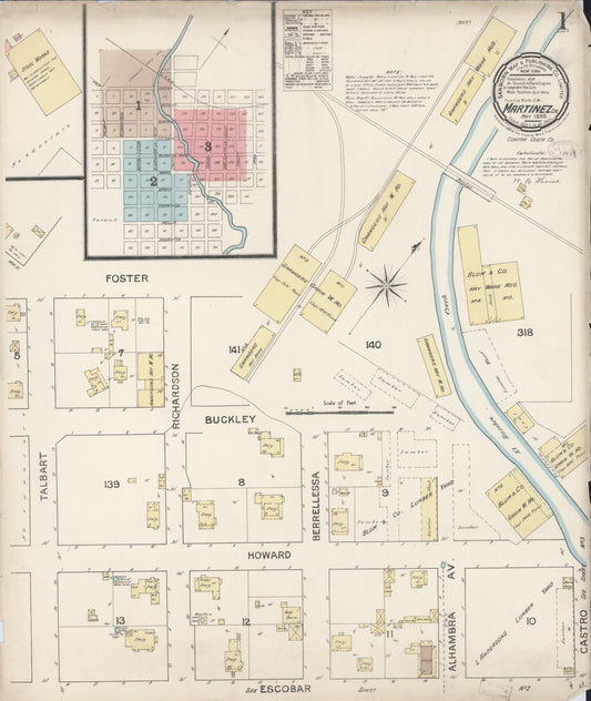 Sanborn Fire Insurance Map from Martinez, Contra Costa County, California (1888), Sheet #0001 - Historic Sanborn Fire Insurance Map Print, vintage old map wall art, antique decor, genealogy gift, California California map