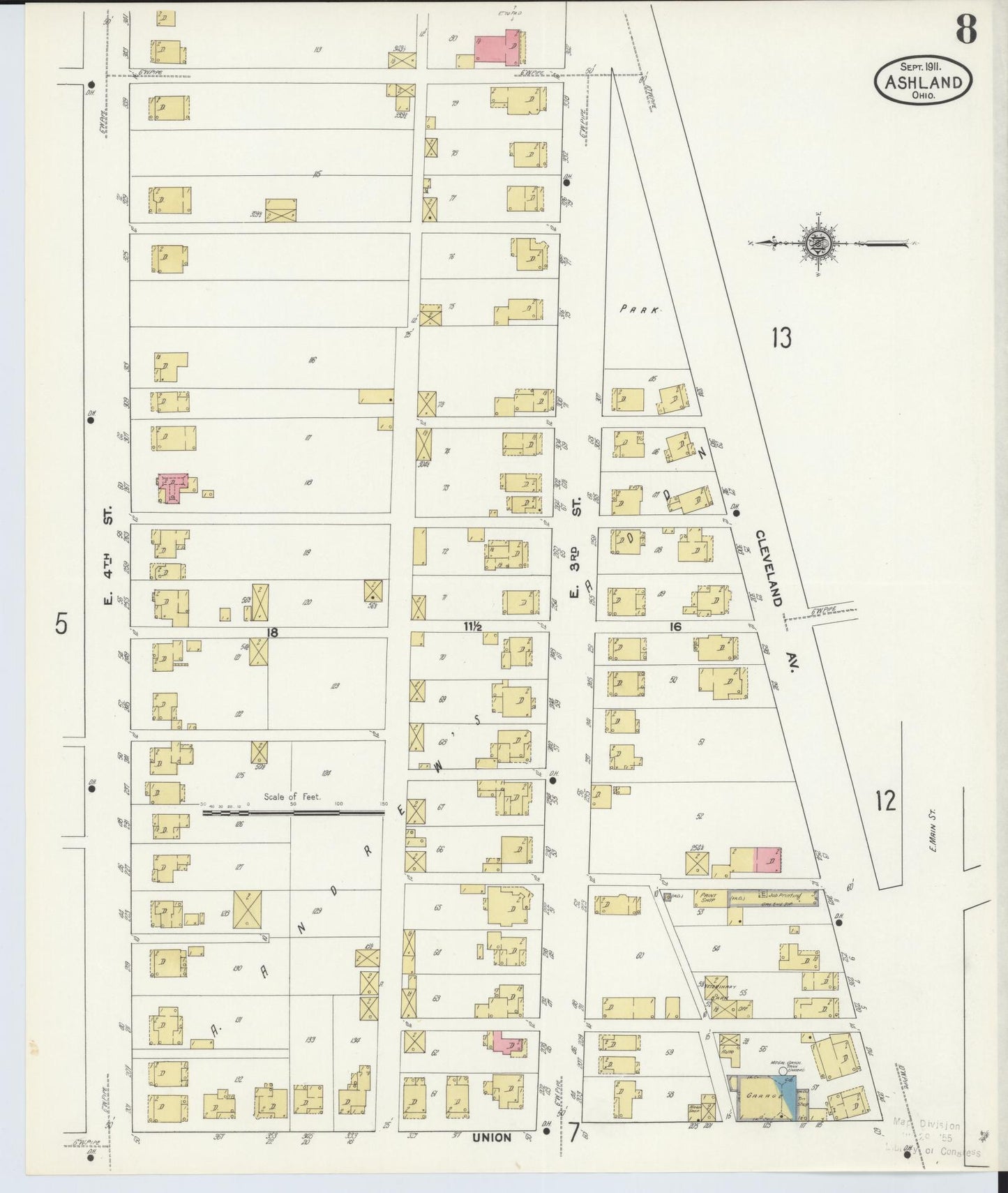 Sanborn Fire Insurance Map from Ashland, Ashland County, Ohio (1911), Sheet #0008 - Historic Sanborn Fire Insurance Map Print, vintage old map wall art, antique decor, genealogy gift, Ohio Ohio map