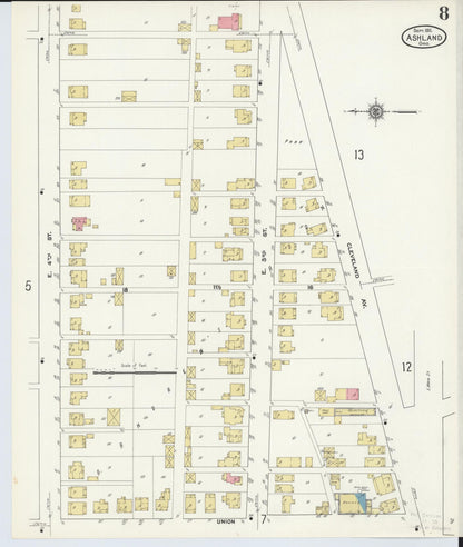 Sanborn Fire Insurance Map from Ashland, Ashland County, Ohio (1911), Sheet #0008 - Historic Sanborn Fire Insurance Map Print, vintage old map wall art, antique decor, genealogy gift, Ohio Ohio map