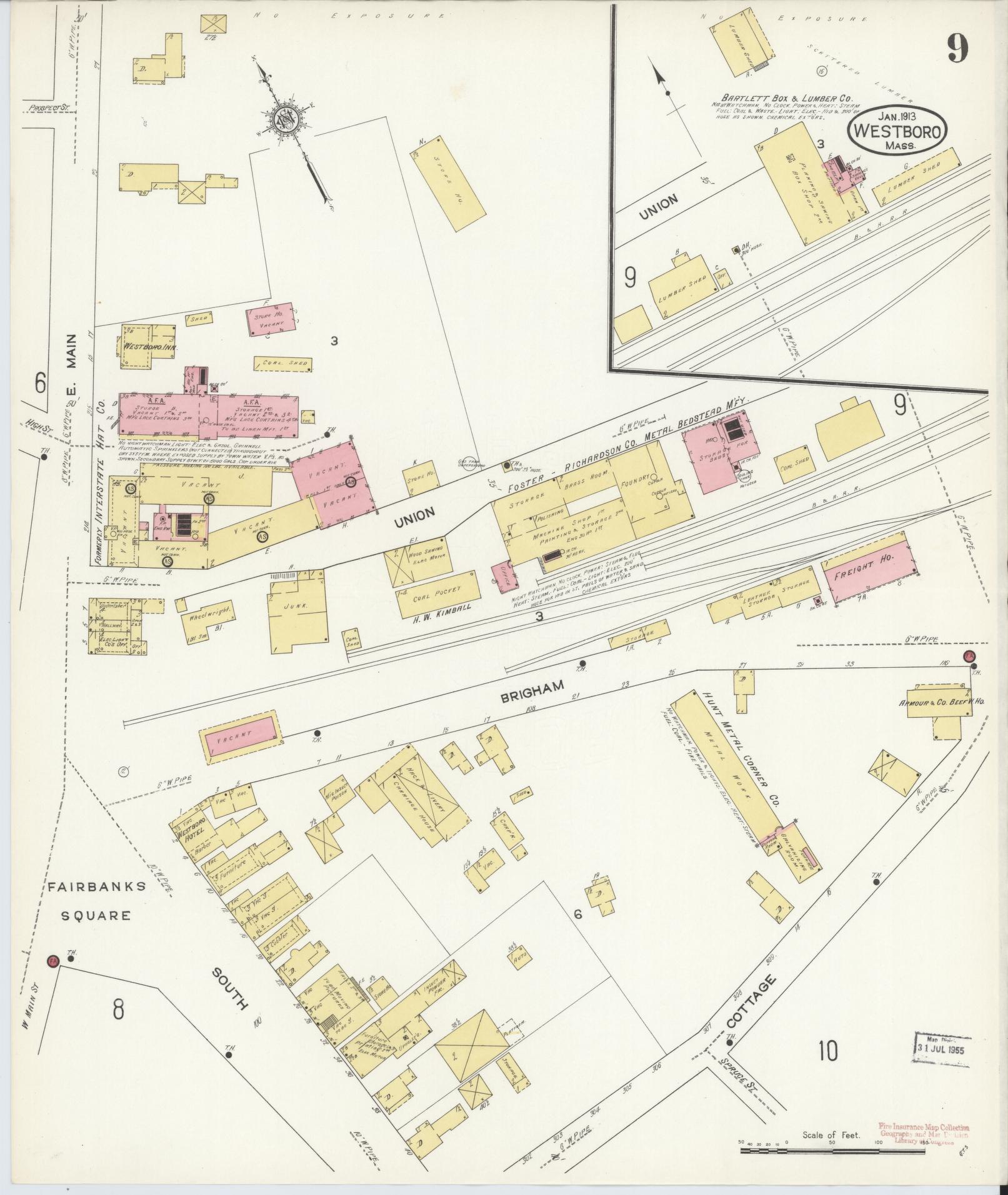 Sanborn Fire Insurance Map from Westboro, Worcester County, Massachusetts (1913), Sheet #0009 - Complete Map Set gallery image, historic Sanborn map, vintage wall art, Massachusetts Massachusetts