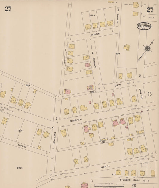 Sanborn Fire Insurance Map from Bluefield, Mercer County, West Virginia (1922), Sheet #0027 - Historic Sanborn Fire Insurance Map Print, vintage old map wall art, antique decor, genealogy gift, West Virginia West Virginia map