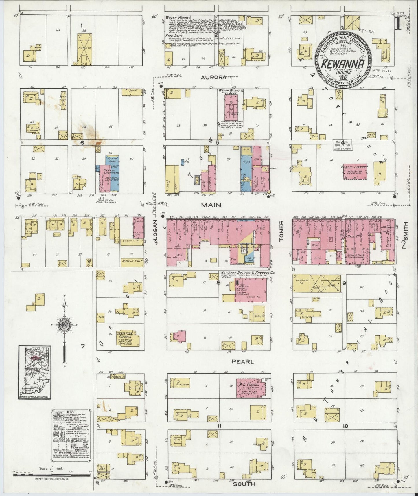 Sanborn Fire Insurance Map from Kewanna, Fulton County, Indiana (1920), Sheet #0001 - Historic Sanborn Fire Insurance Map Print, vintage old map wall art, antique decor, genealogy gift, Indiana Indiana map