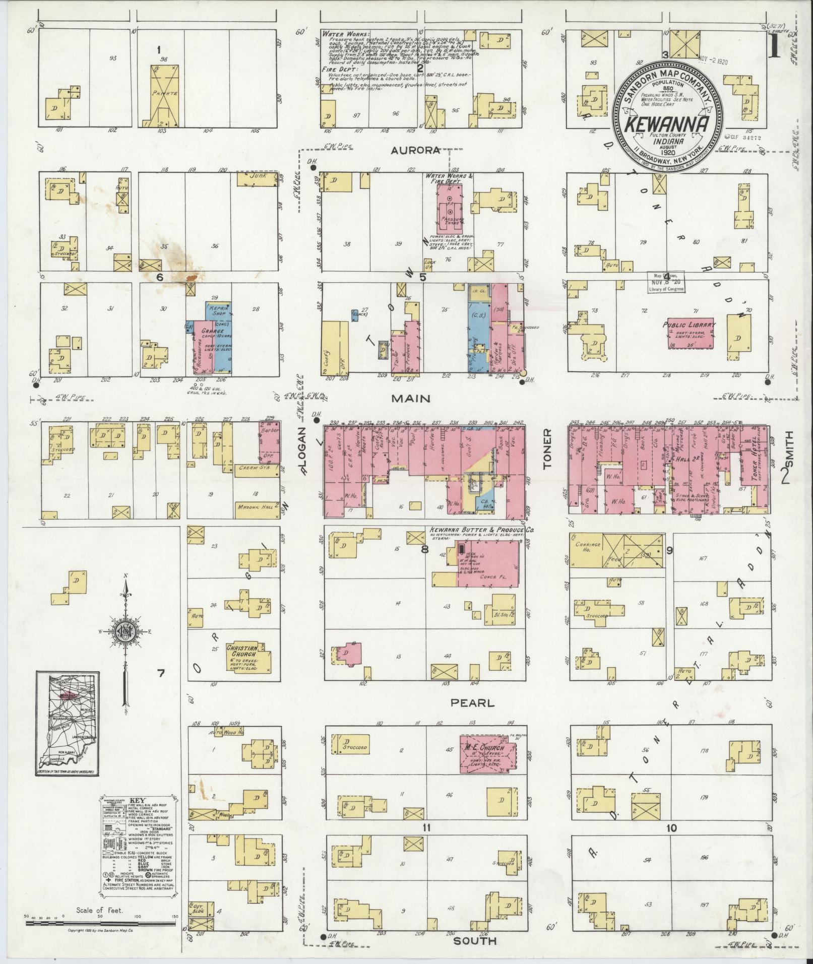 Sanborn Fire Insurance Map from Kewanna, Fulton County, Indiana (1920), Sheet #0001 - Historic Sanborn Fire Insurance Map Print, vintage old map wall art, antique decor, genealogy gift, Indiana Indiana map