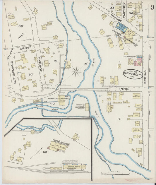 Sanborn Fire Insurance Map from Nevada City, Nevada County, California (1885), Sheet #0003 - Historic Sanborn Fire Insurance Map Print, vintage old map wall art, antique decor, genealogy gift, California California map