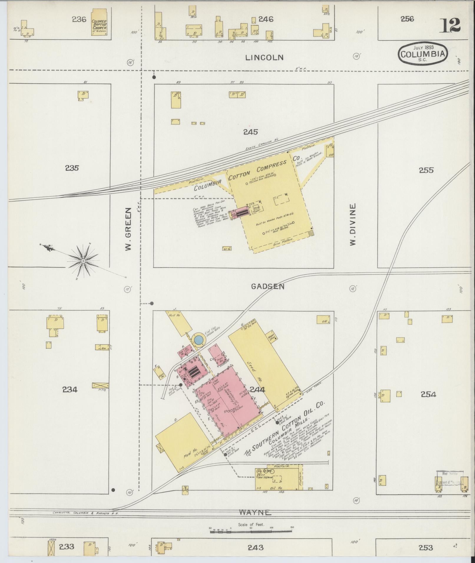 Sanborn Fire Insurance Map from Columbia, Richland County, South Carolina (1893), Sheet #0012 - Complete Map Set gallery image, historic Sanborn map, vintage wall art, South Carolina South Carolina