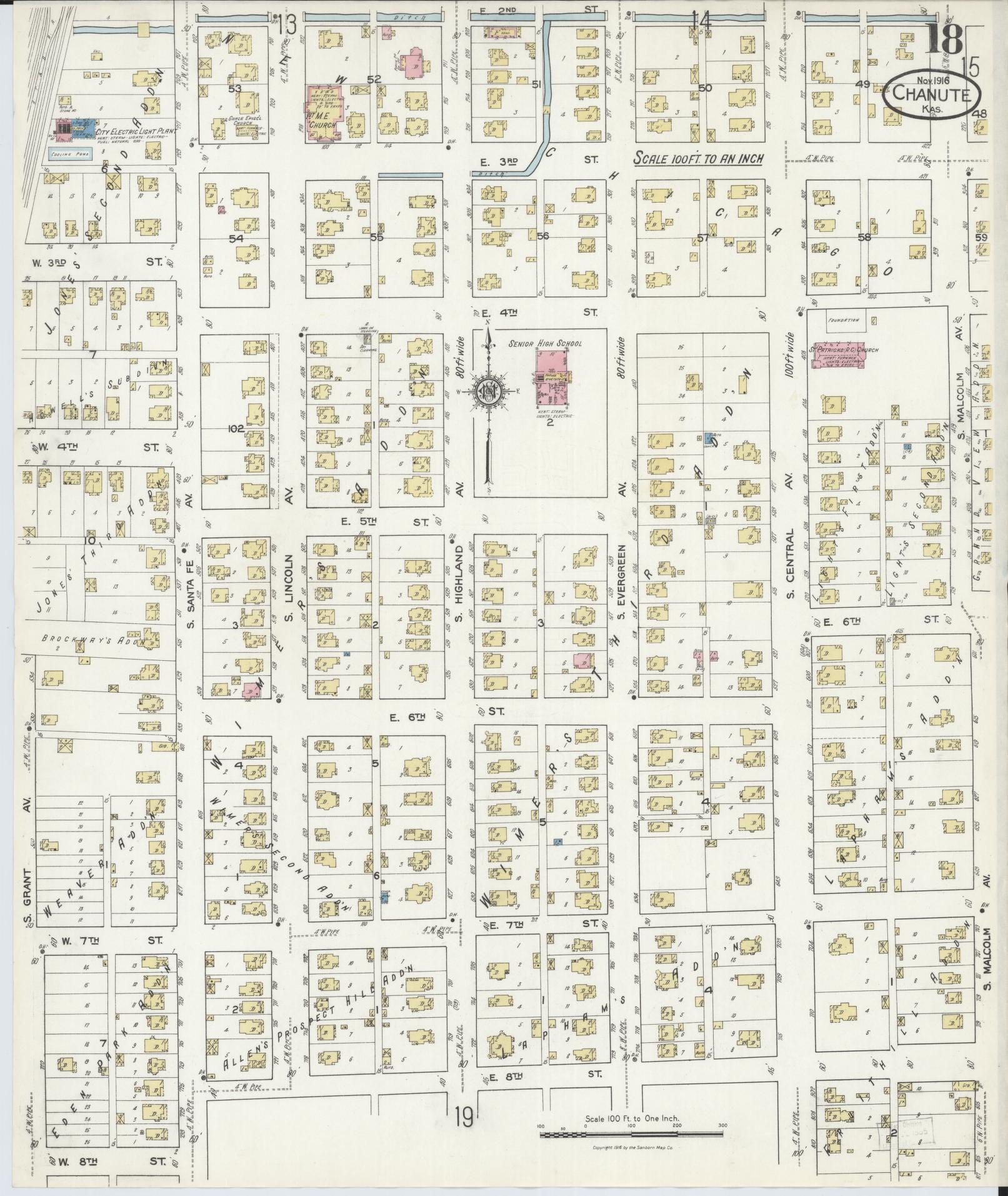 Sanborn Fire Insurance Map from Chanute, Neosho County, Kansas (1916), Sheet #0018 - Complete Map Set gallery image, historic Sanborn map, vintage wall art, Kansas Kansas