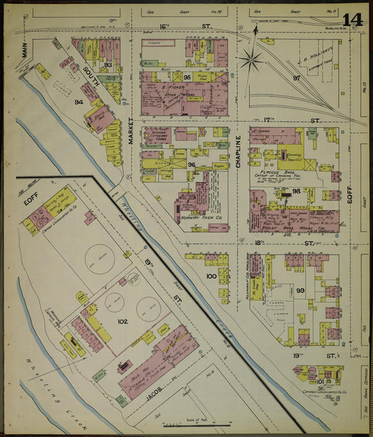 Sanborn Fire Insurance Map from Wheeling, Ohio County, West Virginia (1890), Sheet #0014 - Historic Sanborn Fire Insurance Map Print, vintage old map wall art, antique decor, genealogy gift, West Virginia West Virginia map